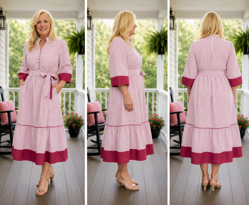 Red Stripe Ruffle Hem Midi Curvy