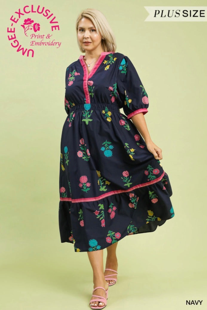 Navy Sweet Bloom Curvy Midi Dress