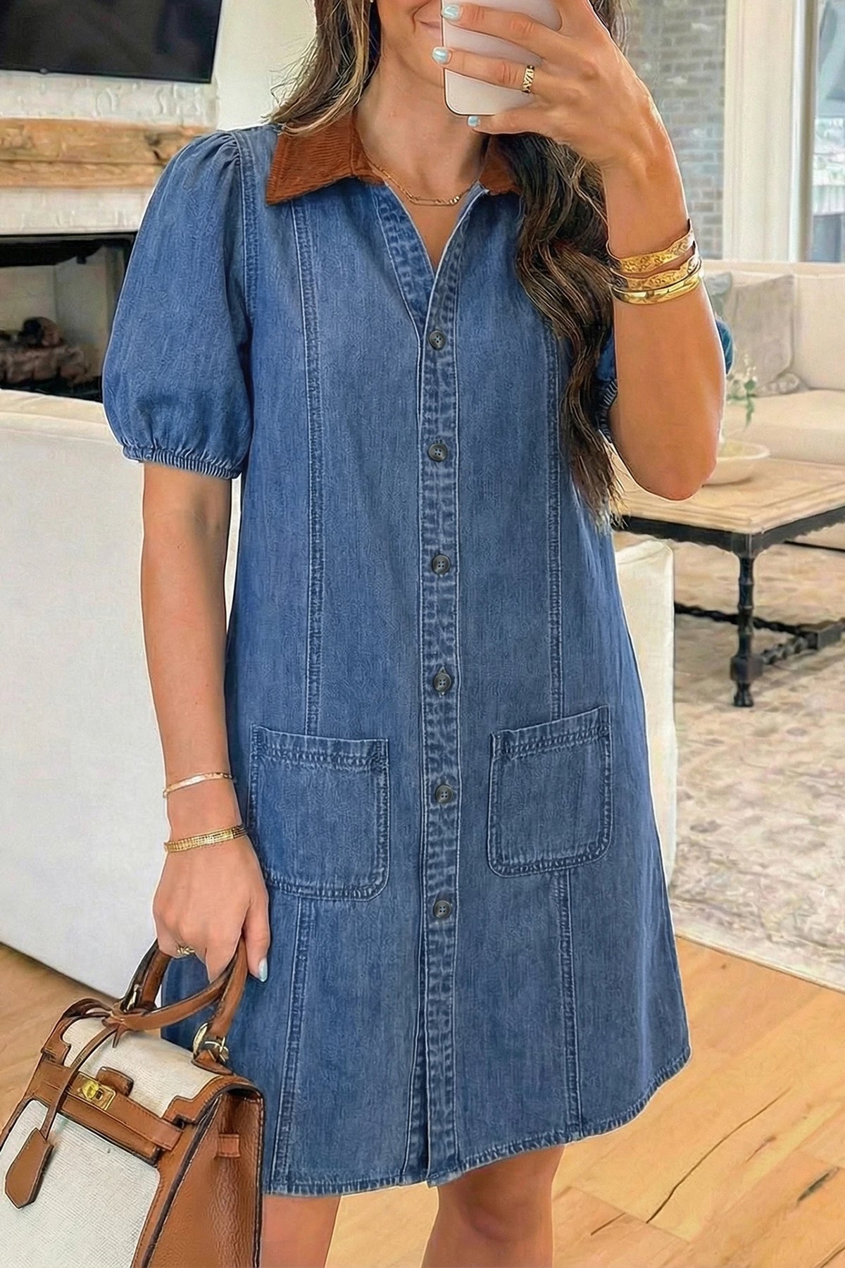 Denim Puffed Sleeve Mini Dress