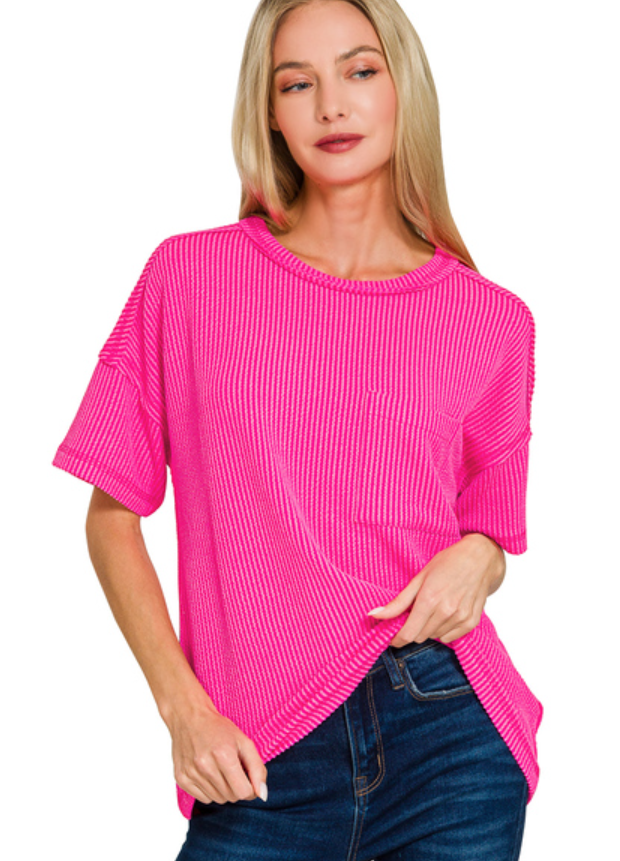 Hot Pink Ribbed Short Sleeve Top