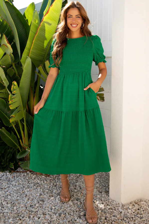 Green Smocked High Waist Dress