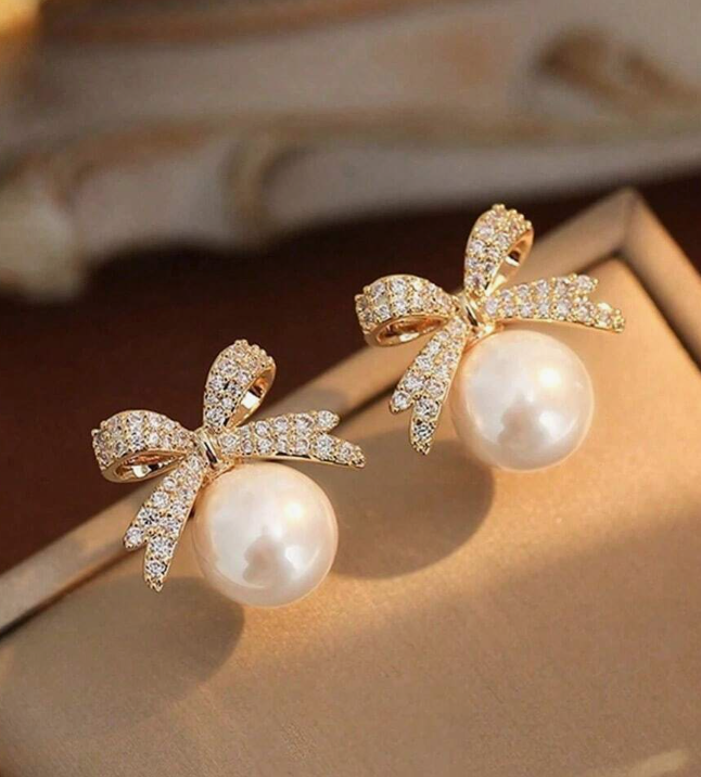 Bowknot-Shaped Pearl Rhinestone Earrings