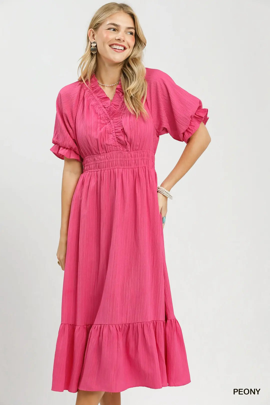 Pink Puffed Sleeve Midi Dress
