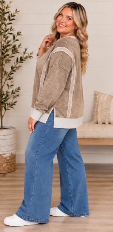 Plus Size Mocha Acid Washed Top