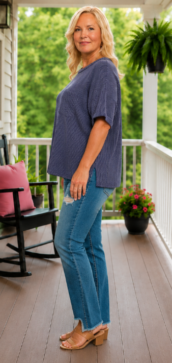Navy Ribbed Short Sleeve Curvy Top