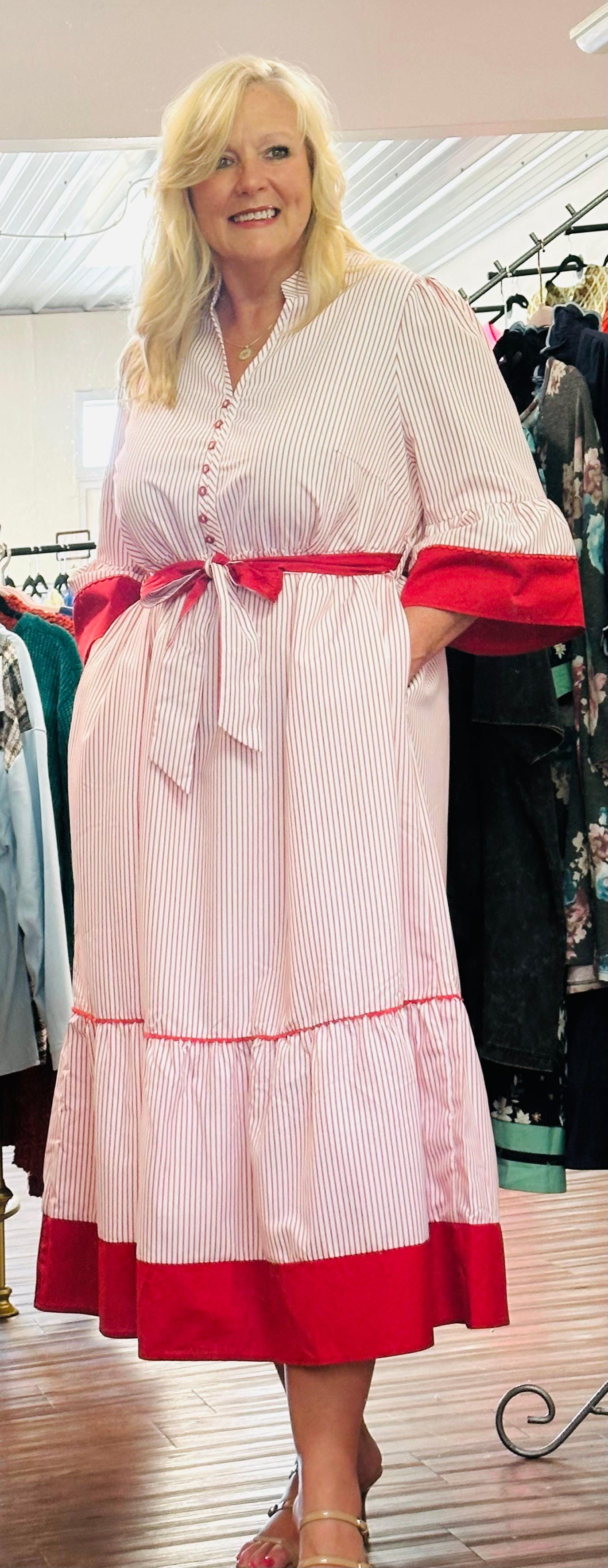 Red Stripe Ruffle Hem Midi Curvy