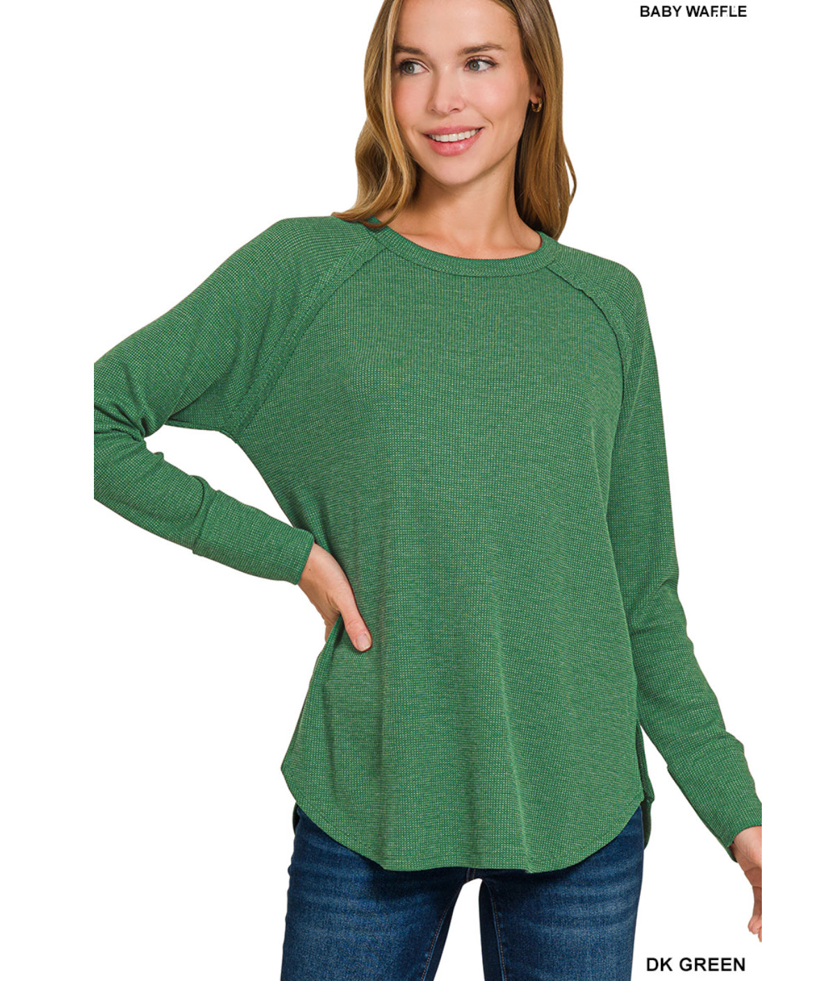 Zenana Waffle Knit Long Sleeve Top Hunter Green