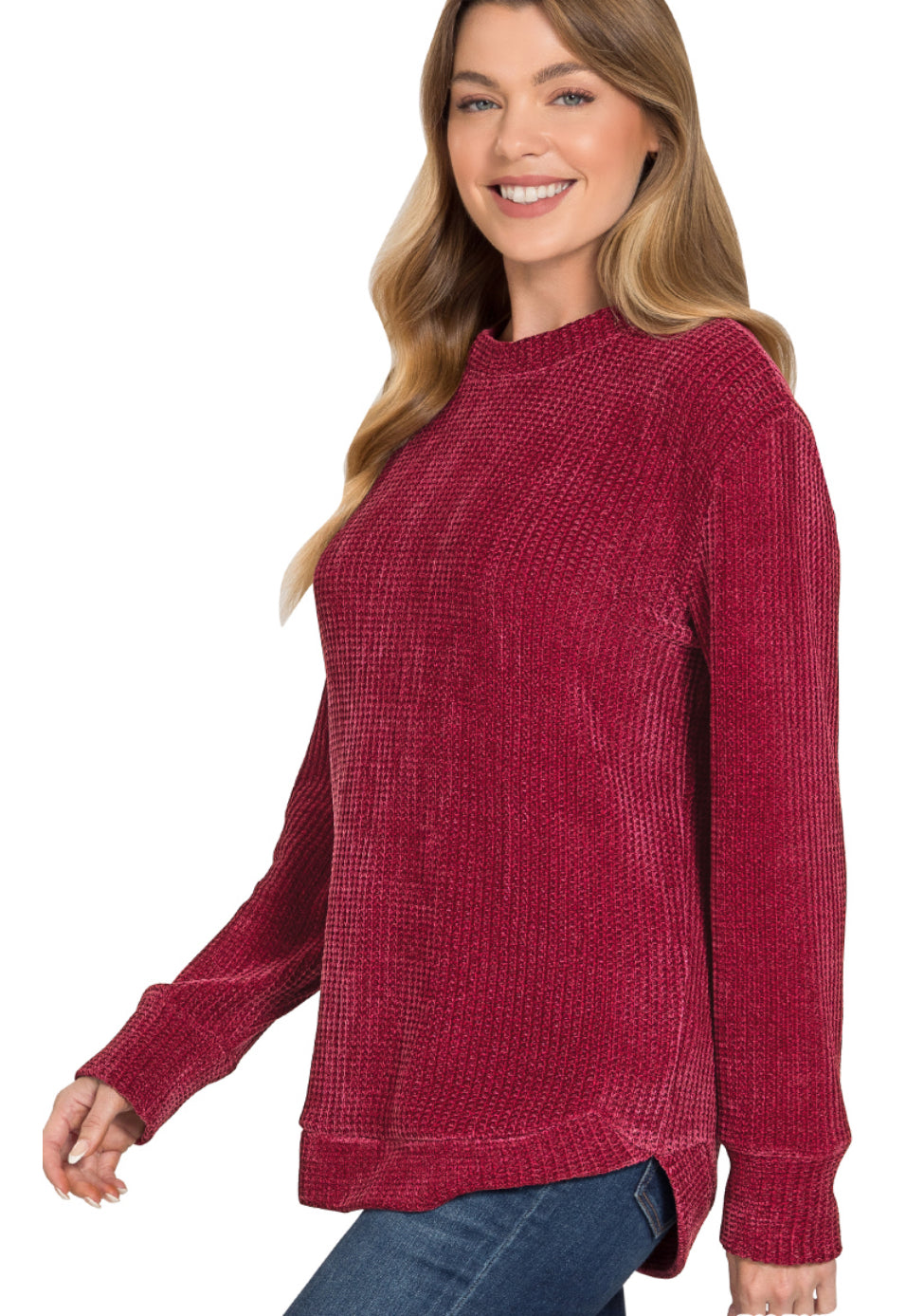 CHENILLE WAFFLE ROUND NECK SWEATER
