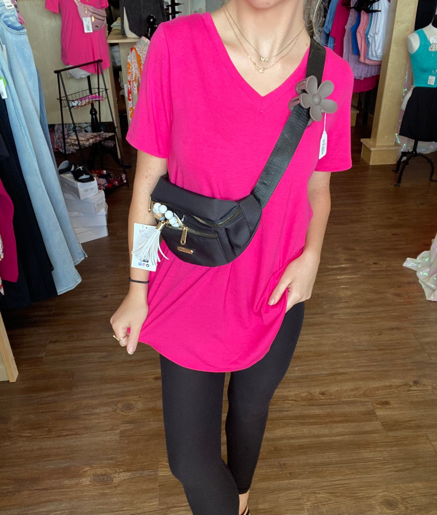 Hot Pink V Neck Round Hem Top