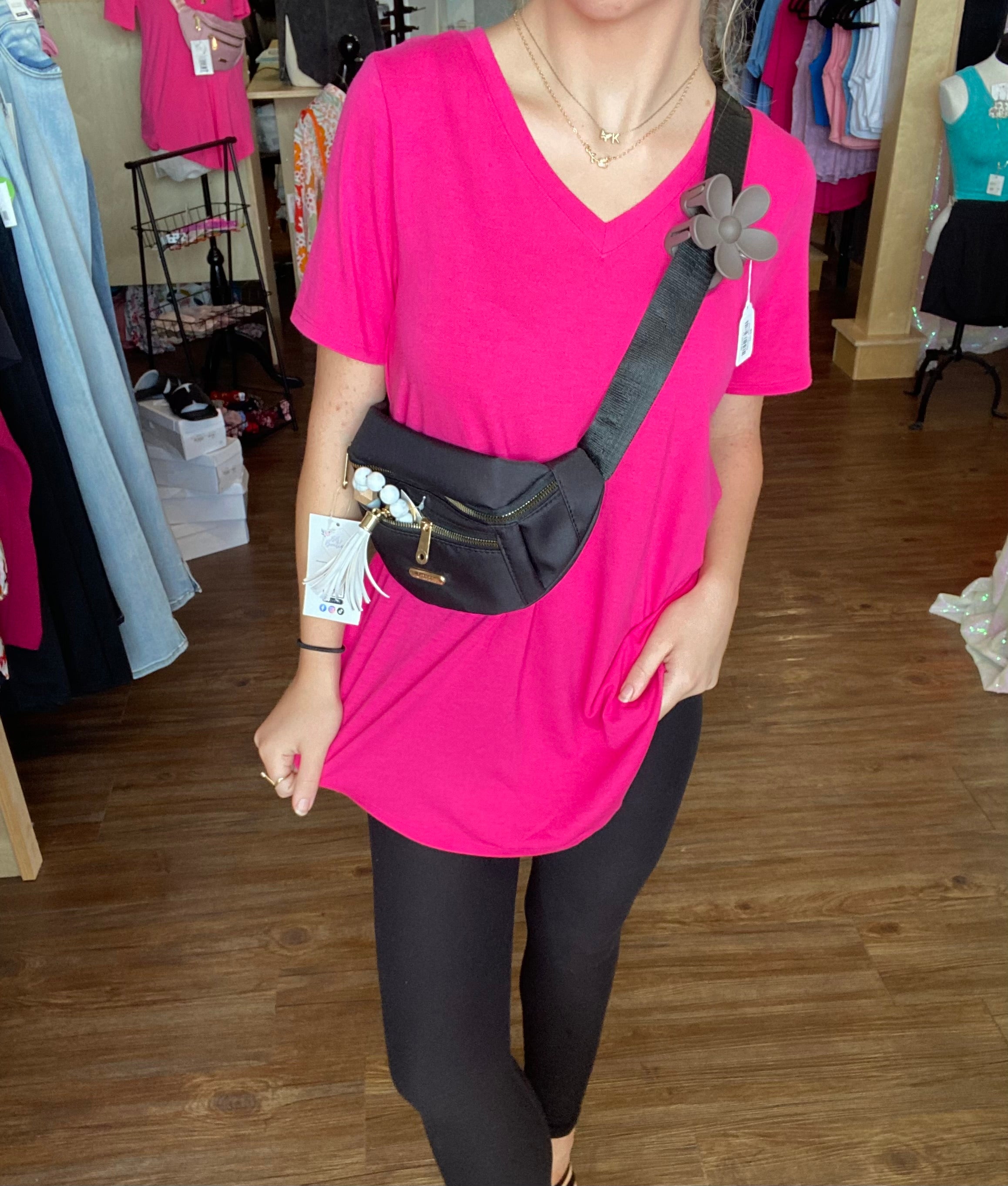 Hot Pink V Neck Round Hem Top