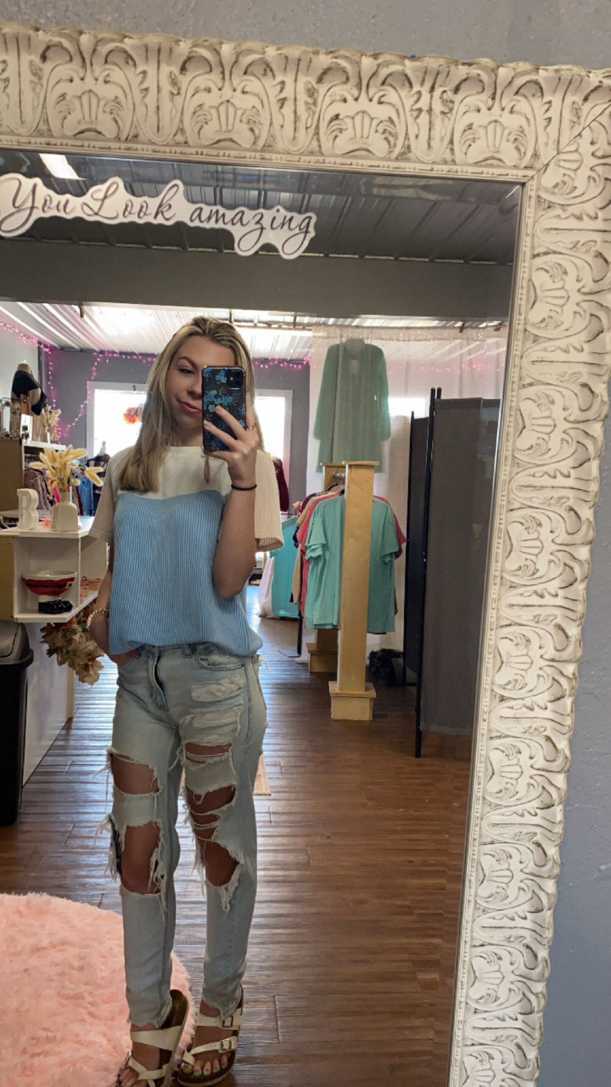 Light Blue Ribbed Colorblock Top