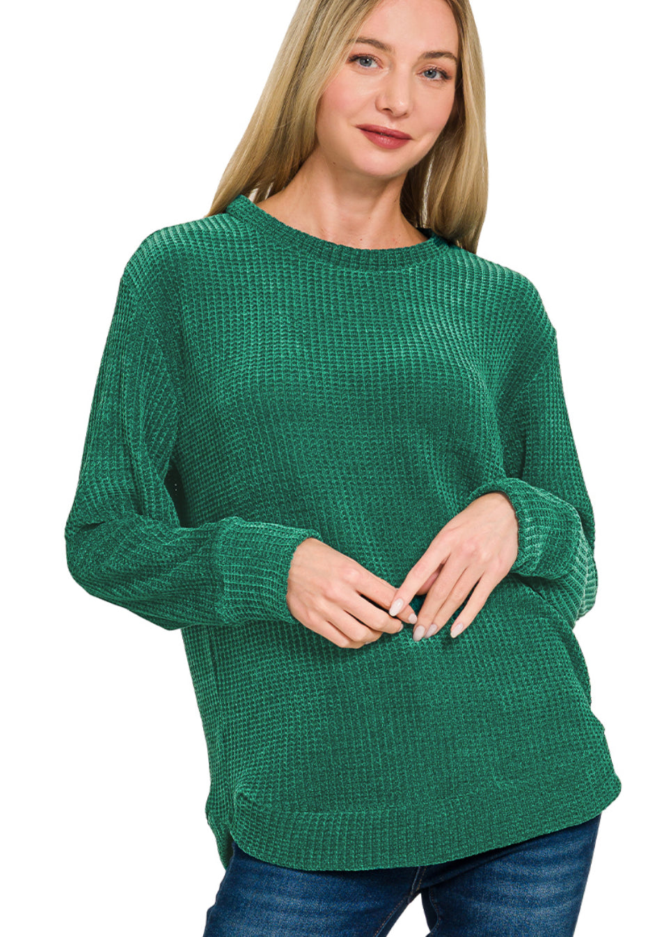 CHENILLE WAFFLE ROUND NECK SWEATER