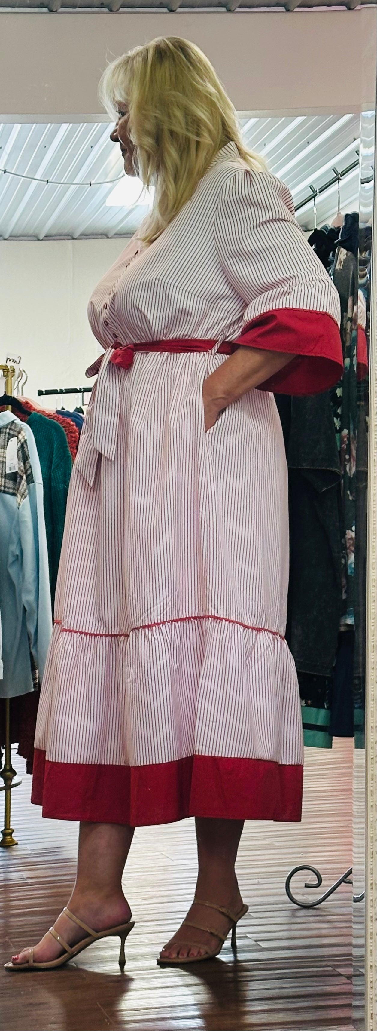 Red Stripe Ruffle Hem Midi Curvy