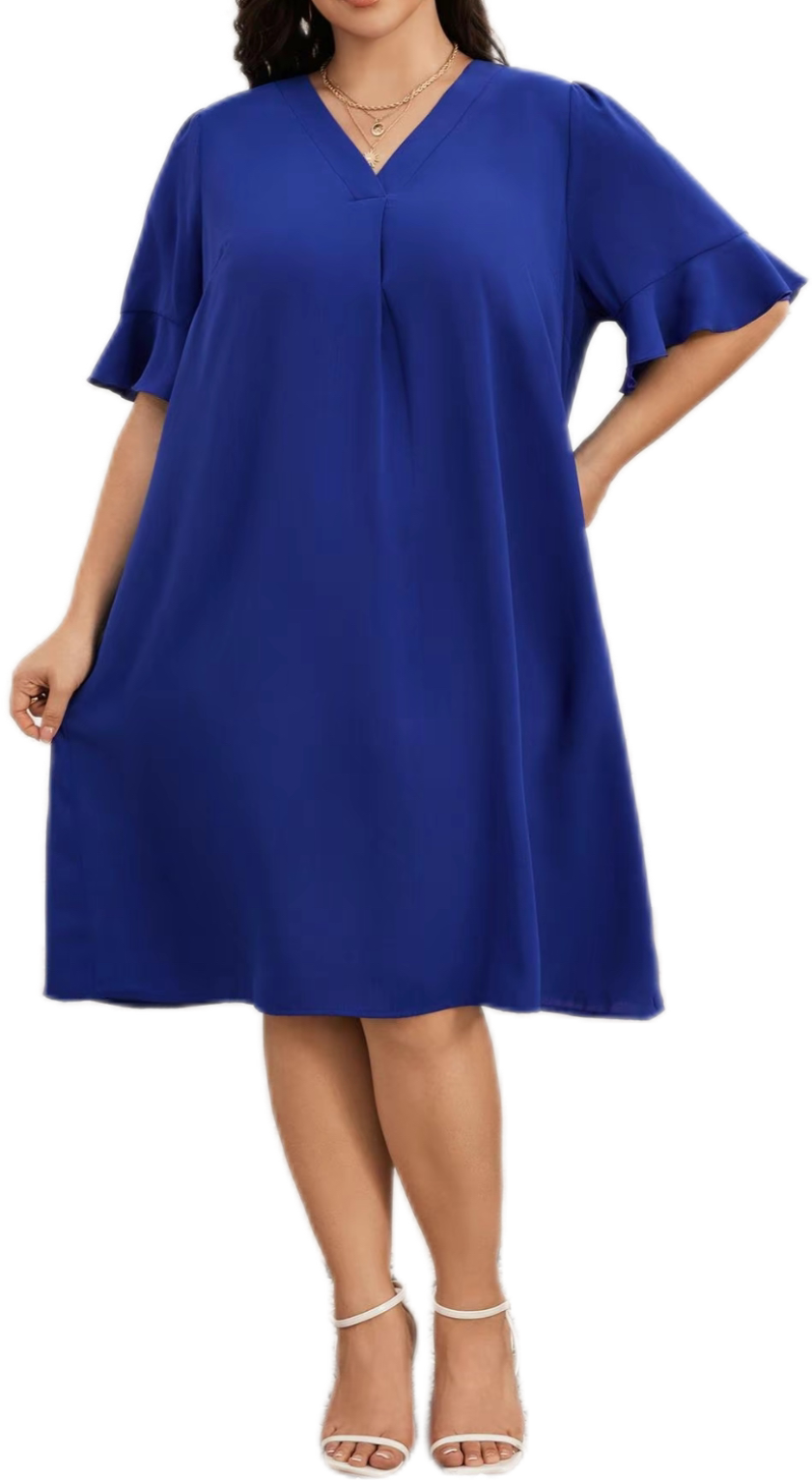 Blue V-Neck Ruffled Sleeve Short Sleeve Dress