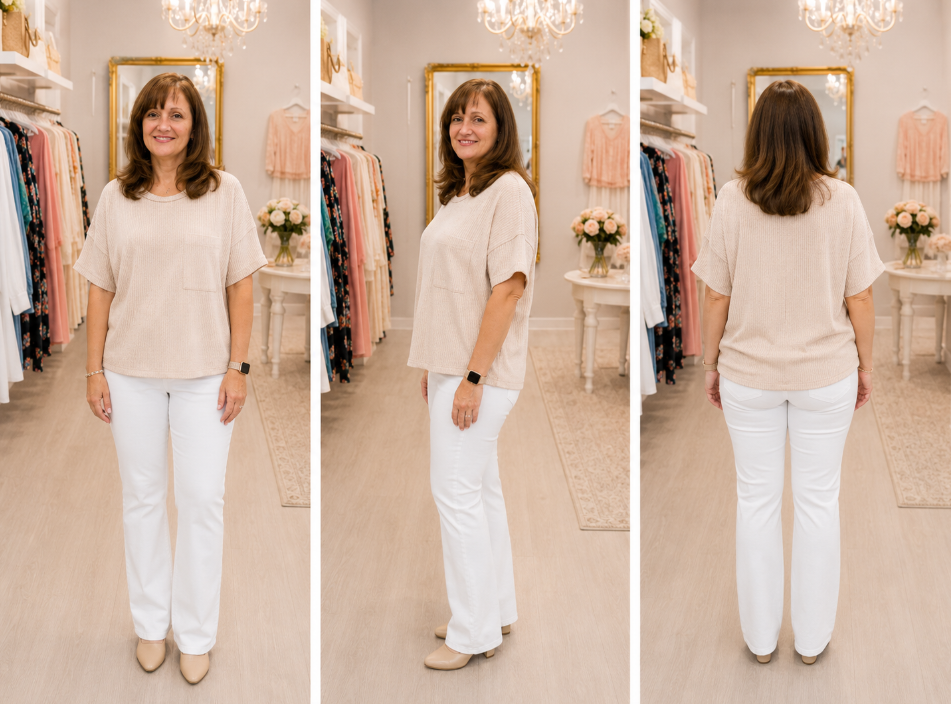 Sand Beige Ribbed Short Sleeve Top
