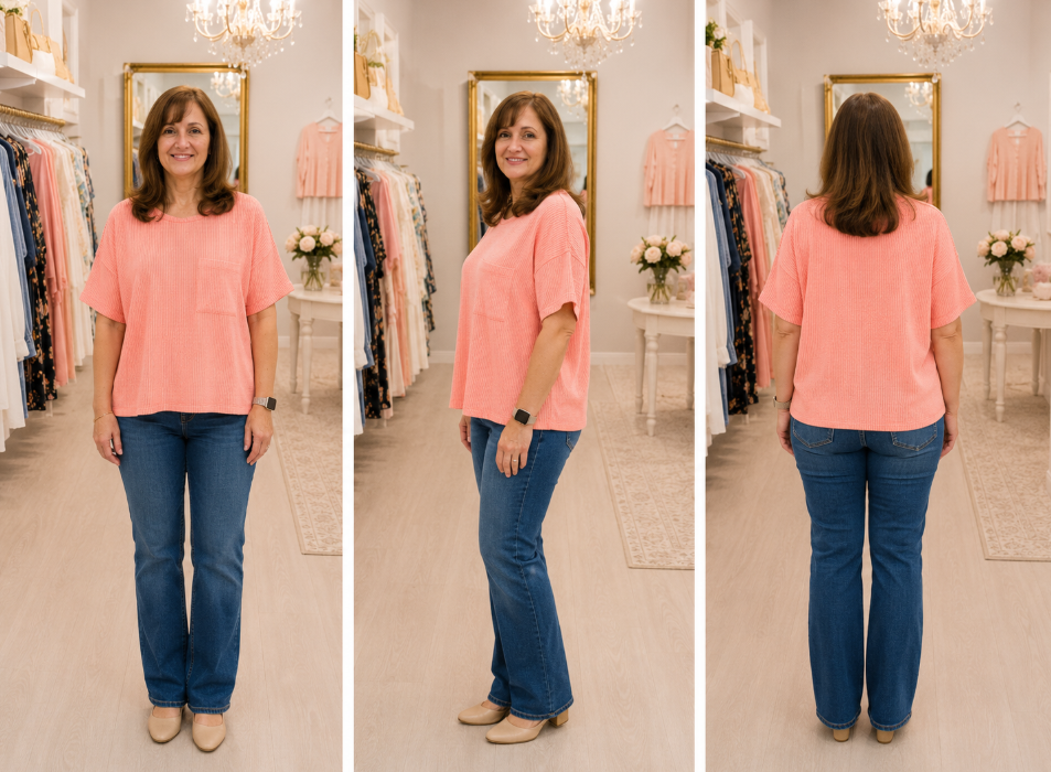 Coral Ribbed Short Sleeve Top