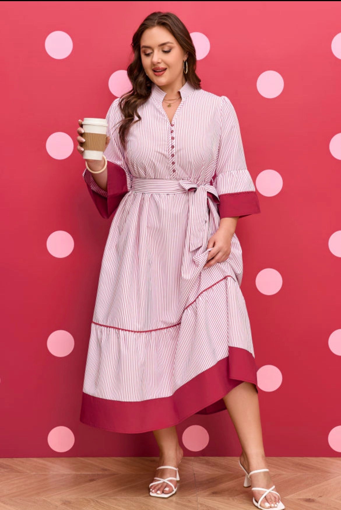 Red Stripe Ruffle Hem Midi Curvy