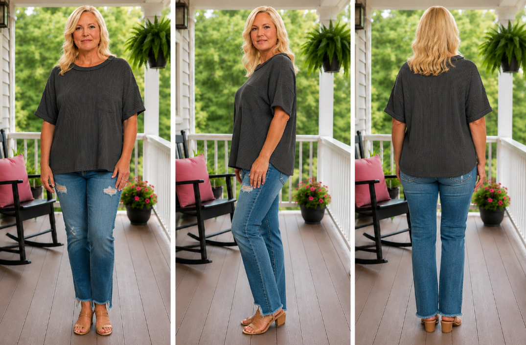 Black Ribbed Short Sleeve Curvy Top