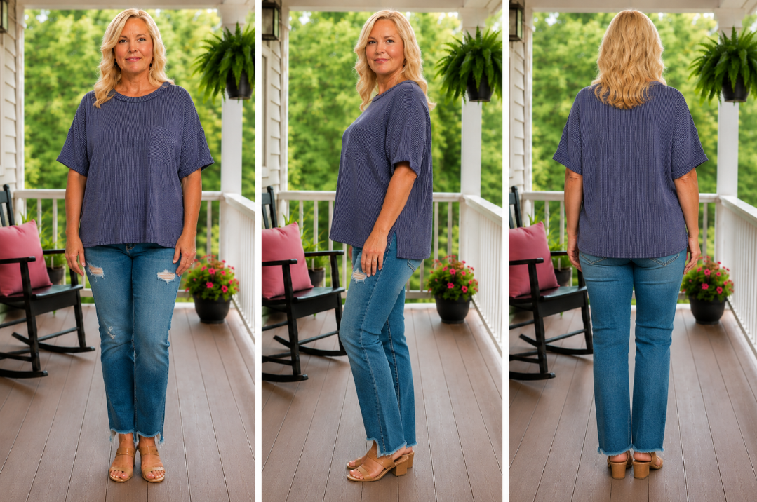Navy Ribbed Short Sleeve Curvy Top