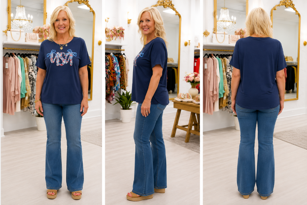Curvy Blue Bow Floral USA Top