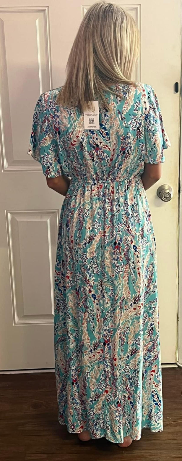 Maxi Dress VNeck Teal Spring Floral