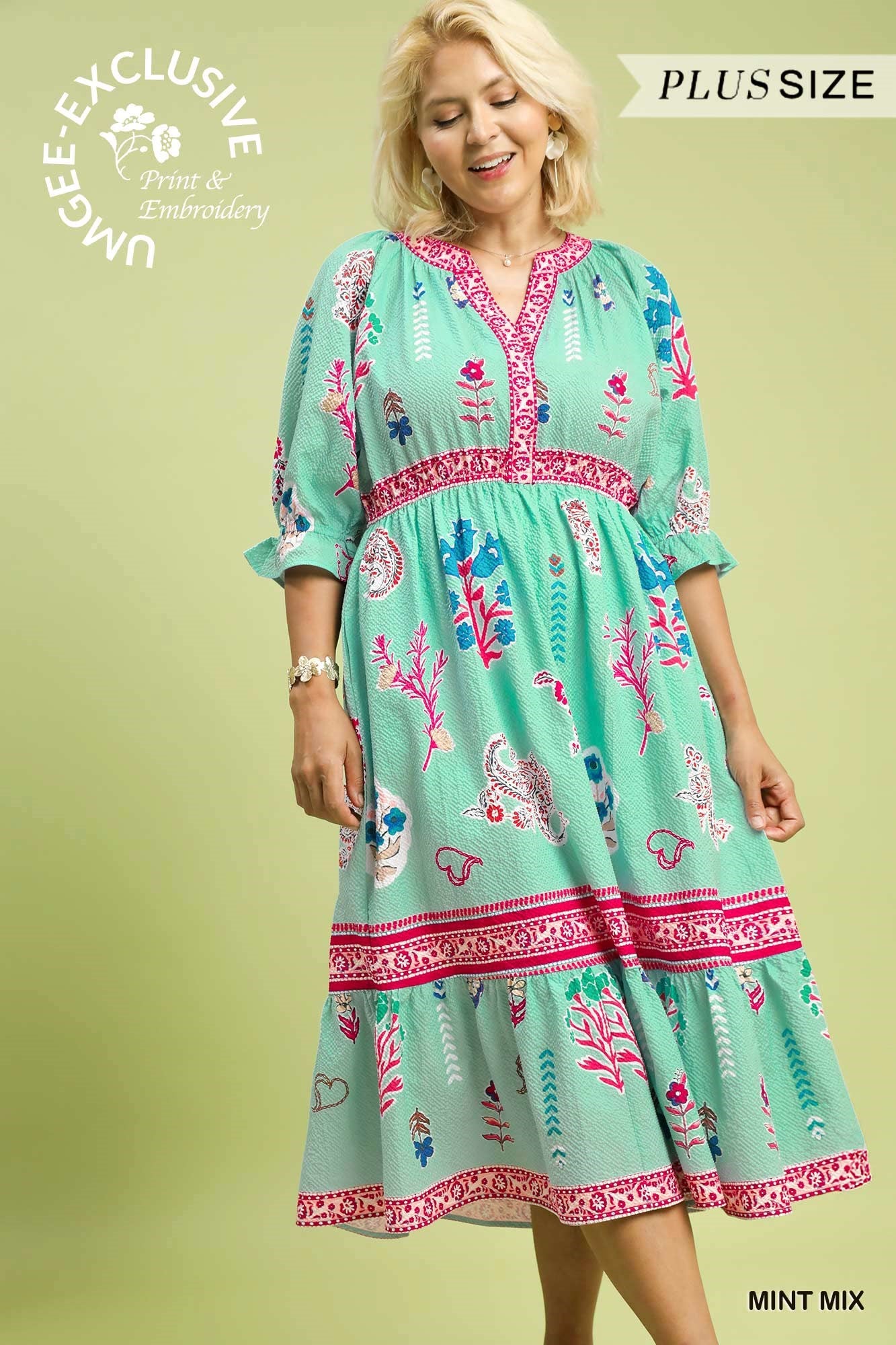 Curvy Mint Puffed Sleeve Midi Dress