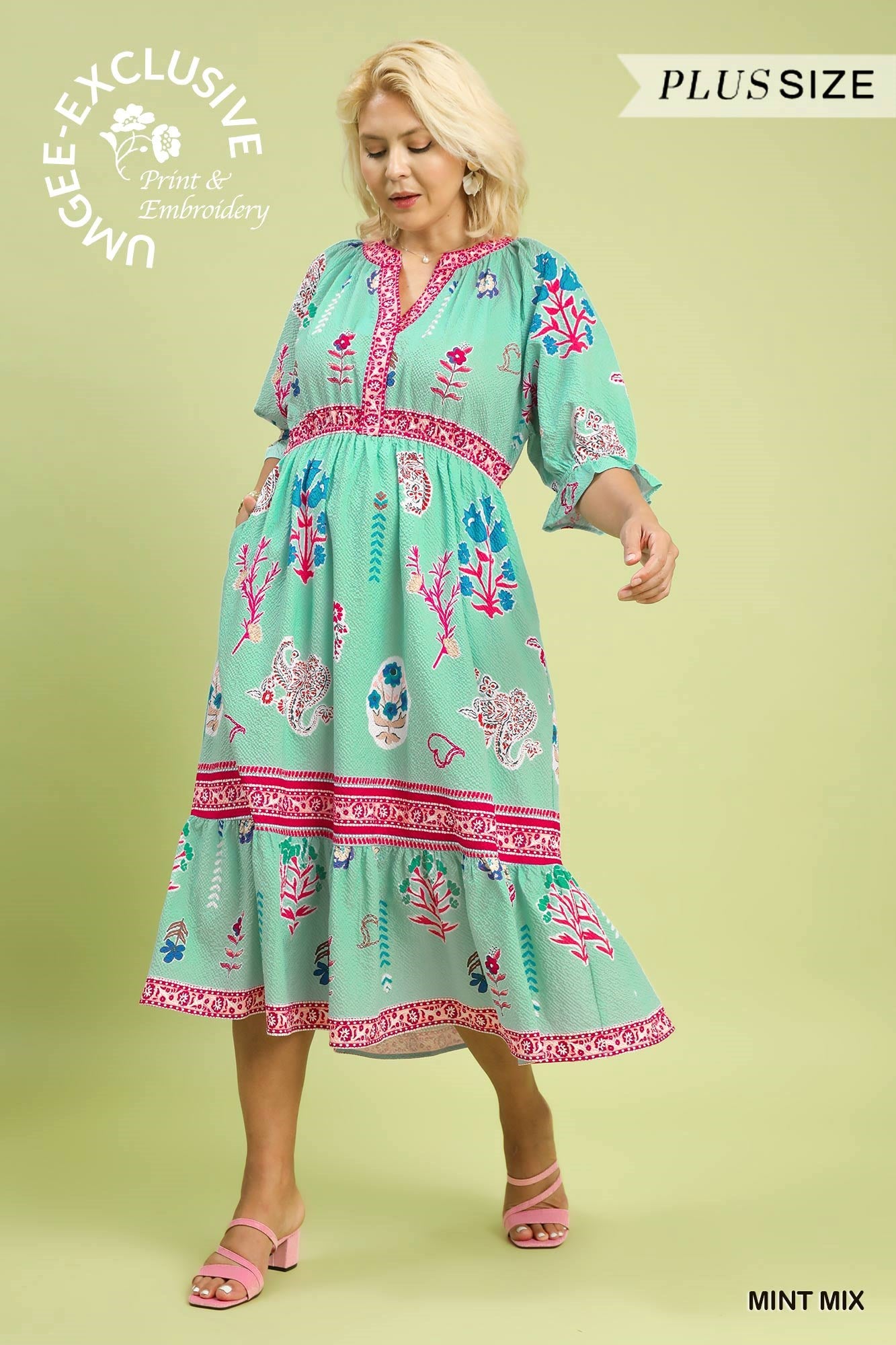 Curvy Mint Puffed Sleeve Midi Dress
