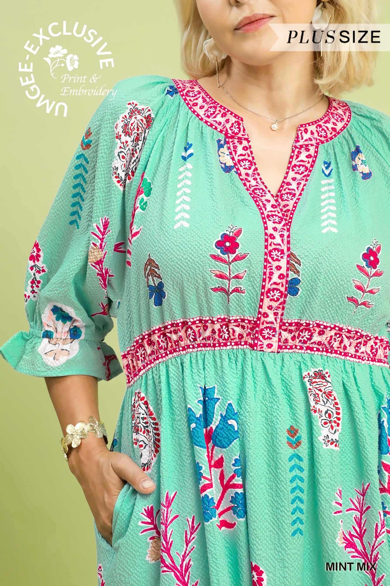 Curvy Mint Puffed Sleeve Midi Dress