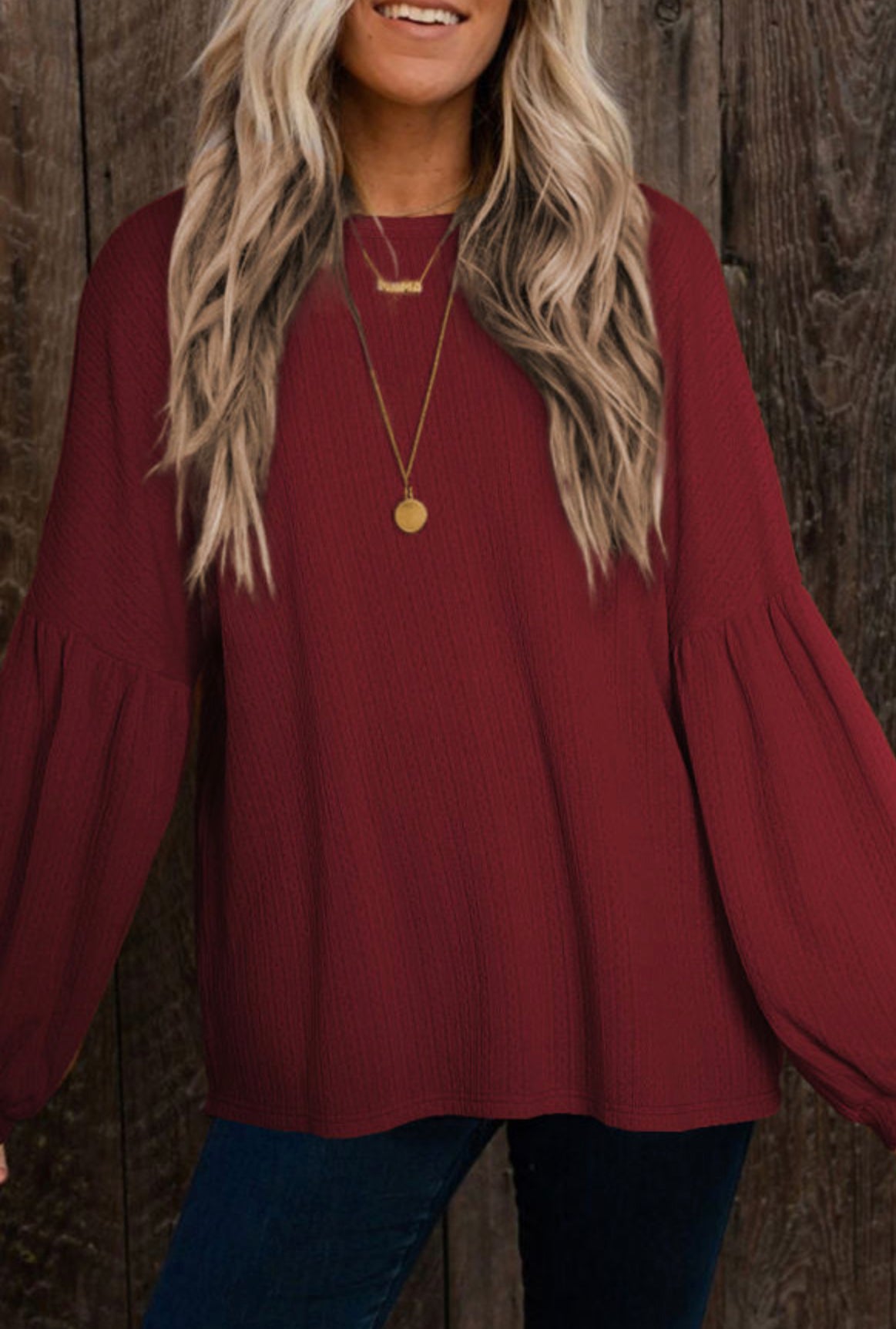 Dark Red Knit Jacquard Puffy Long Sleeve Top