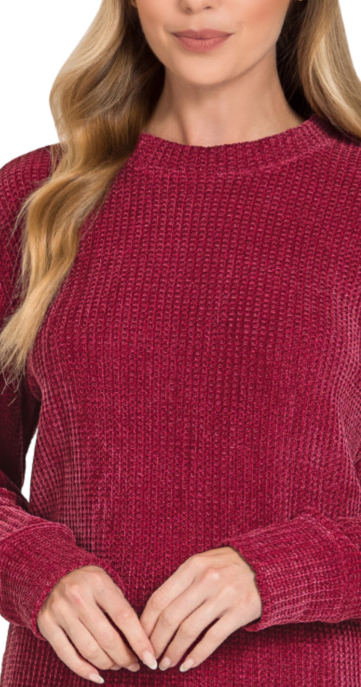 CHENILLE WAFFLE ROUND NECK SWEATER