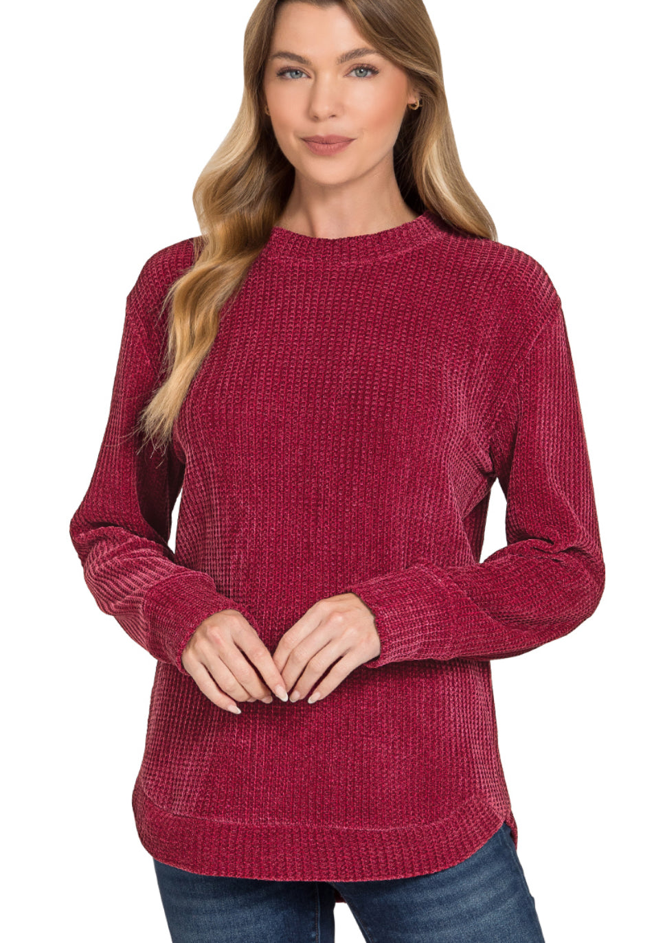 Curvy Chenille Waffle Round Neck Sweater