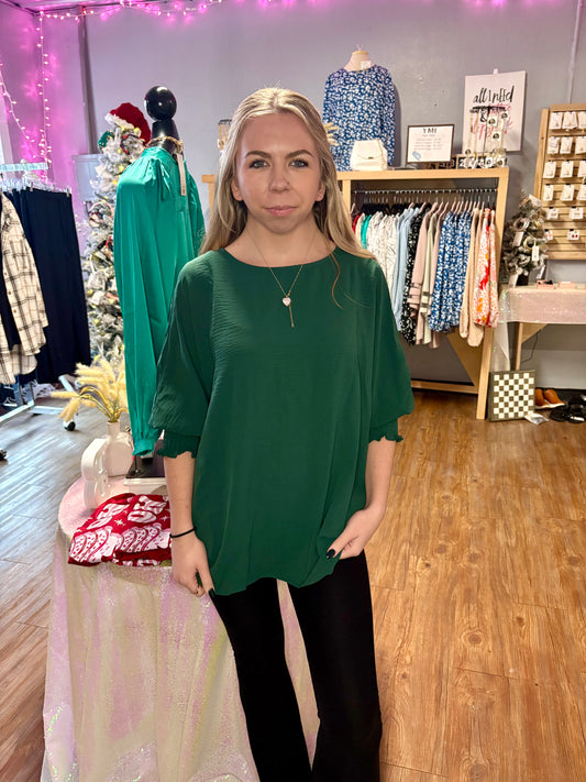 Green Smocked Sleeve Top