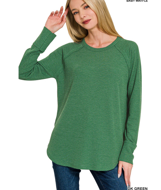 Zenana Waffle Knit Long Sleeve Top Hunter Green