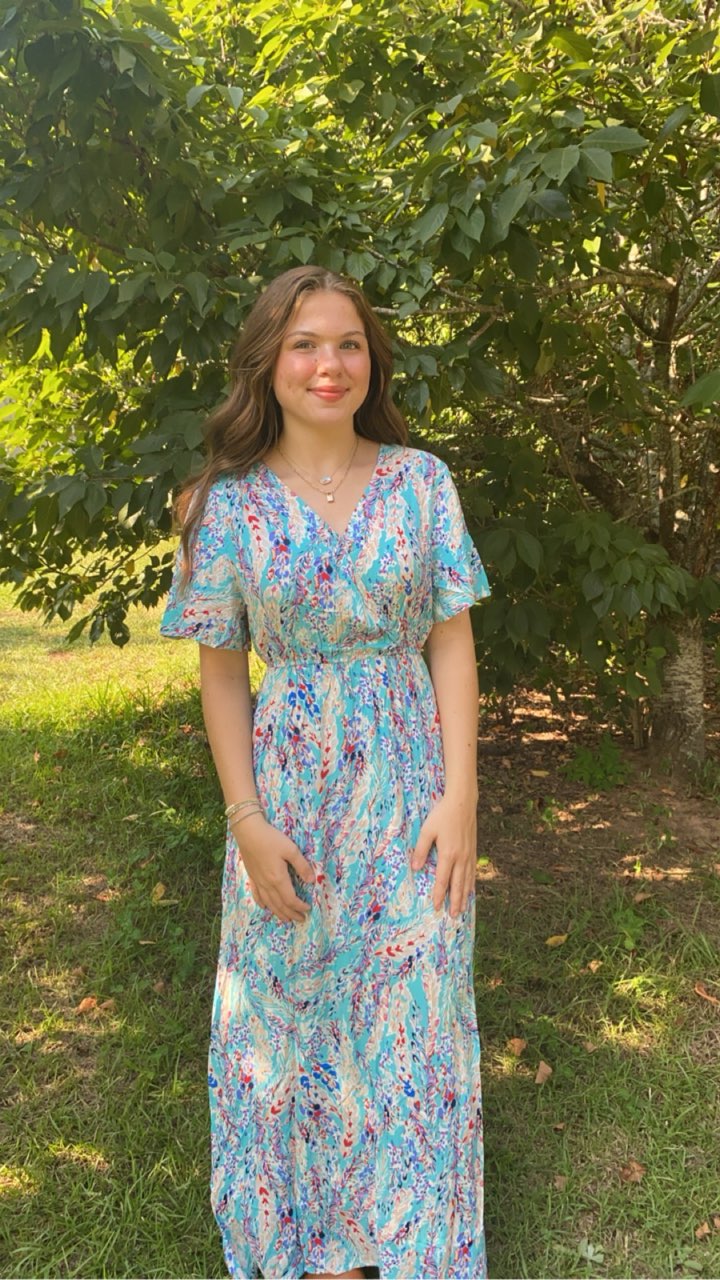 Maxi Dress VNeck Teal Spring Floral