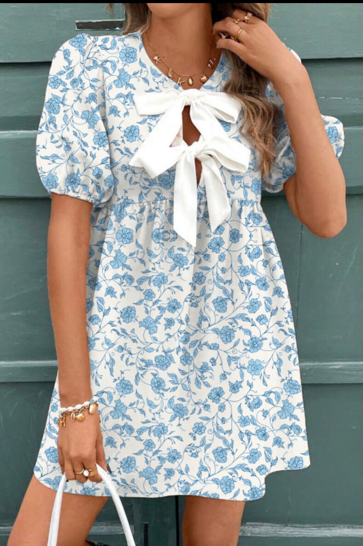 Blue Blossoms and Bows Mini Dress