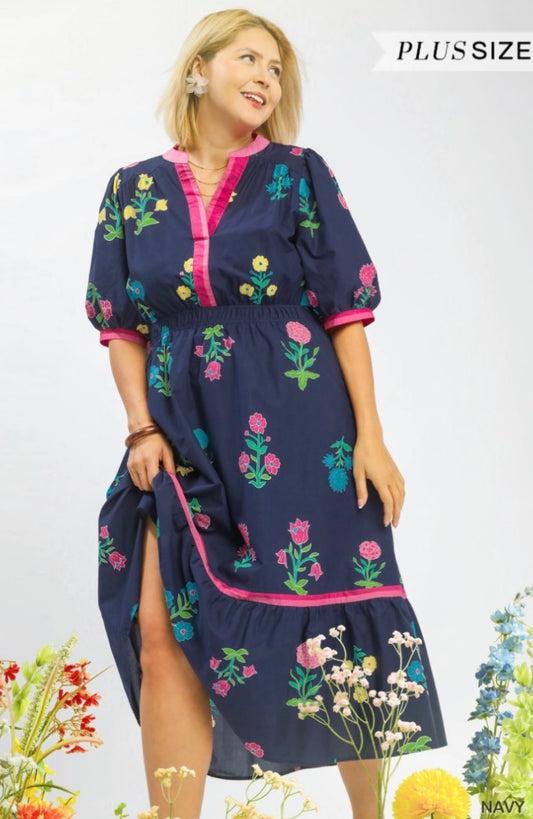 Navy Sweet Bloom Curvy Midi Dress