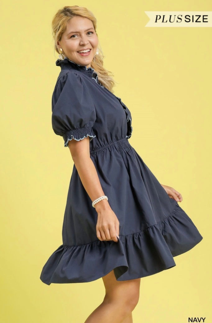 Navy Darling Scalloped Curvy Mini Dress