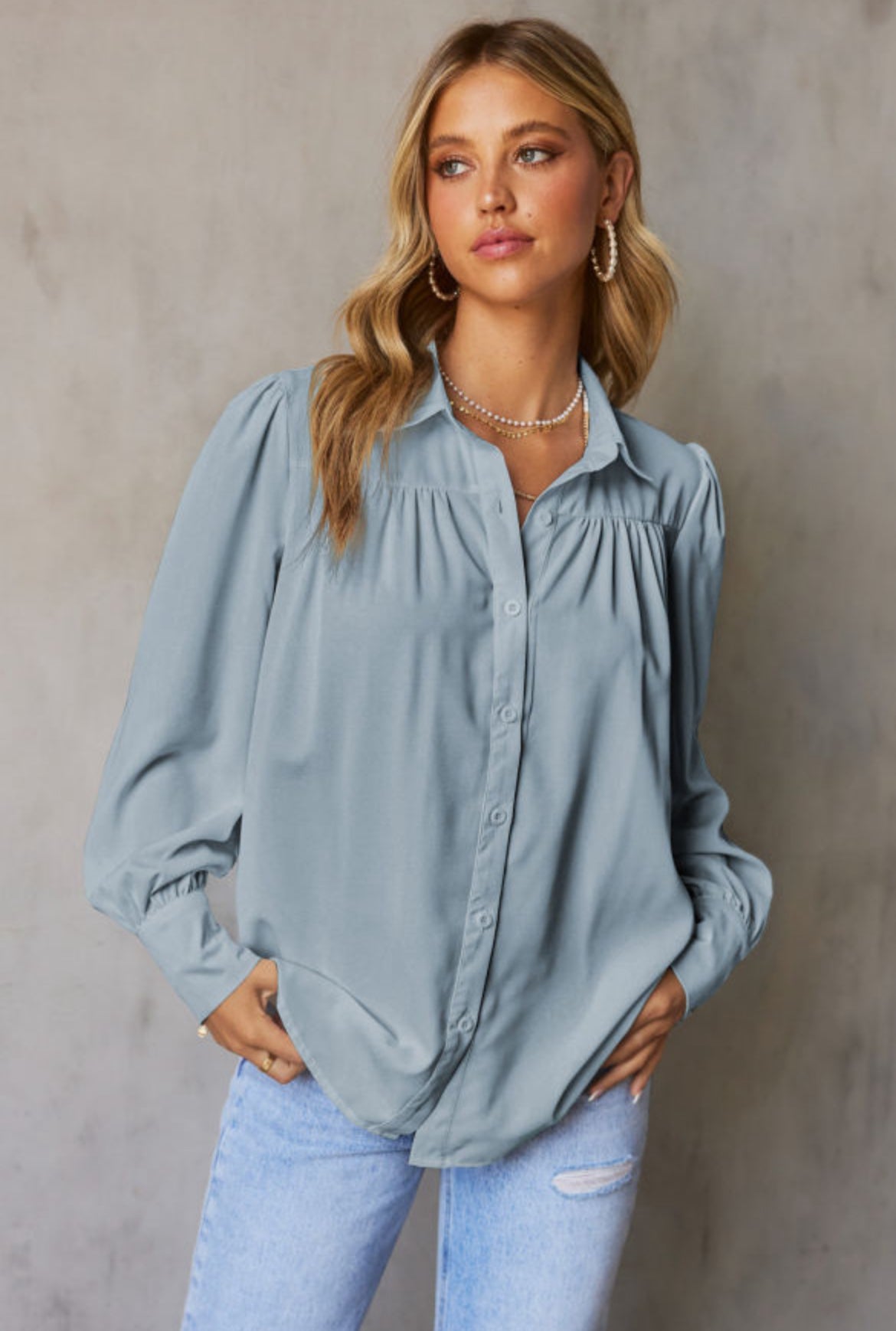 Blue Button up Elegant Blouse