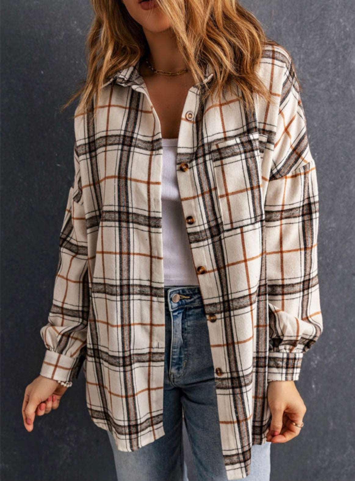 Beige Oversized Plaid Pattern Shacket with Slits