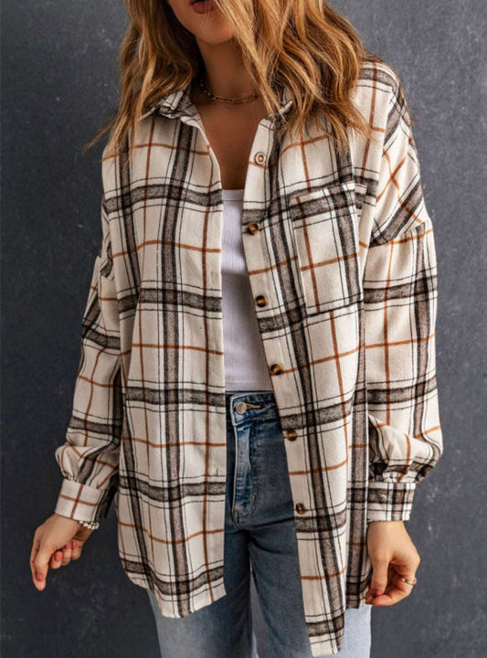 Beige Oversized Plaid Pattern Shacket with Slits