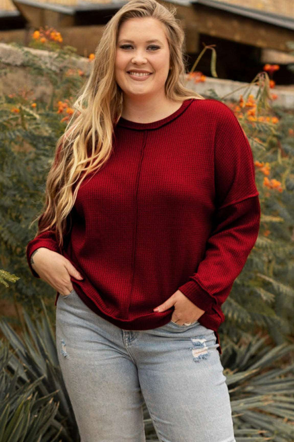 Gold Flame Exposed Seam Detail Waffle Knit Plus Size Top