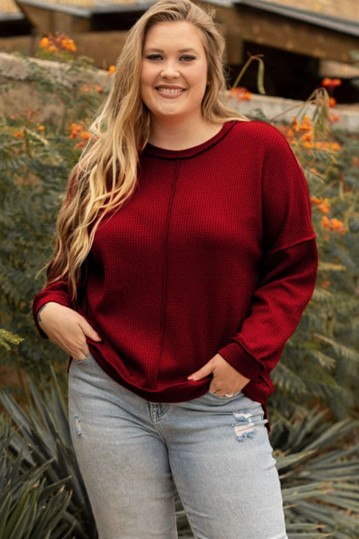 Gold Flame Exposed Seam Detail Waffle Knit Plus Size Top