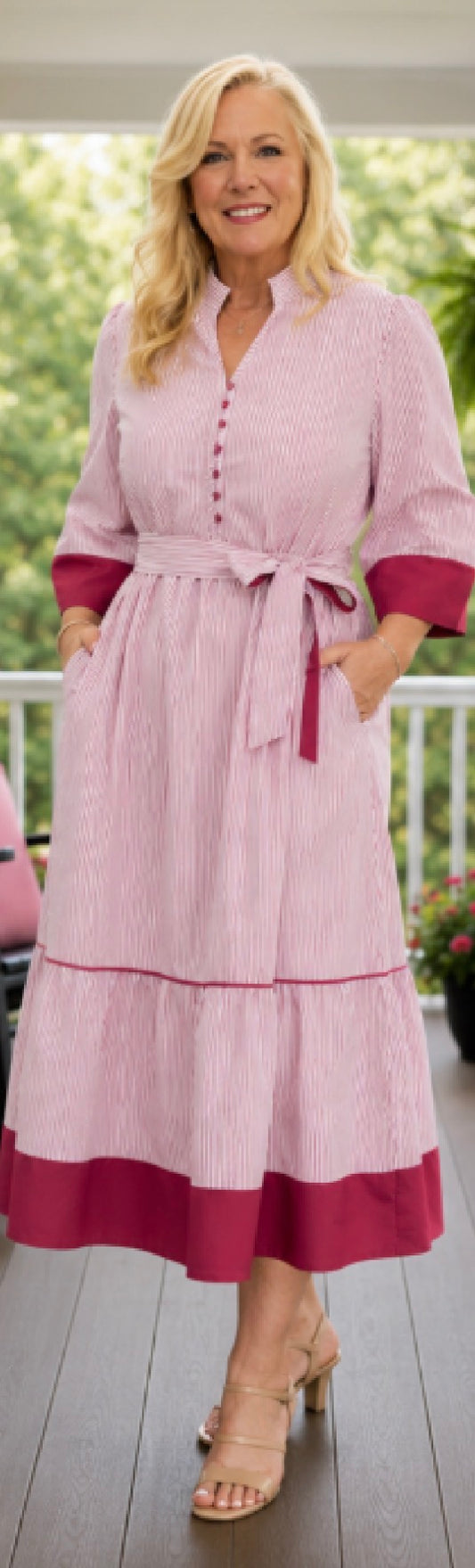 Red Stripe Ruffle Hem Midi Curvy