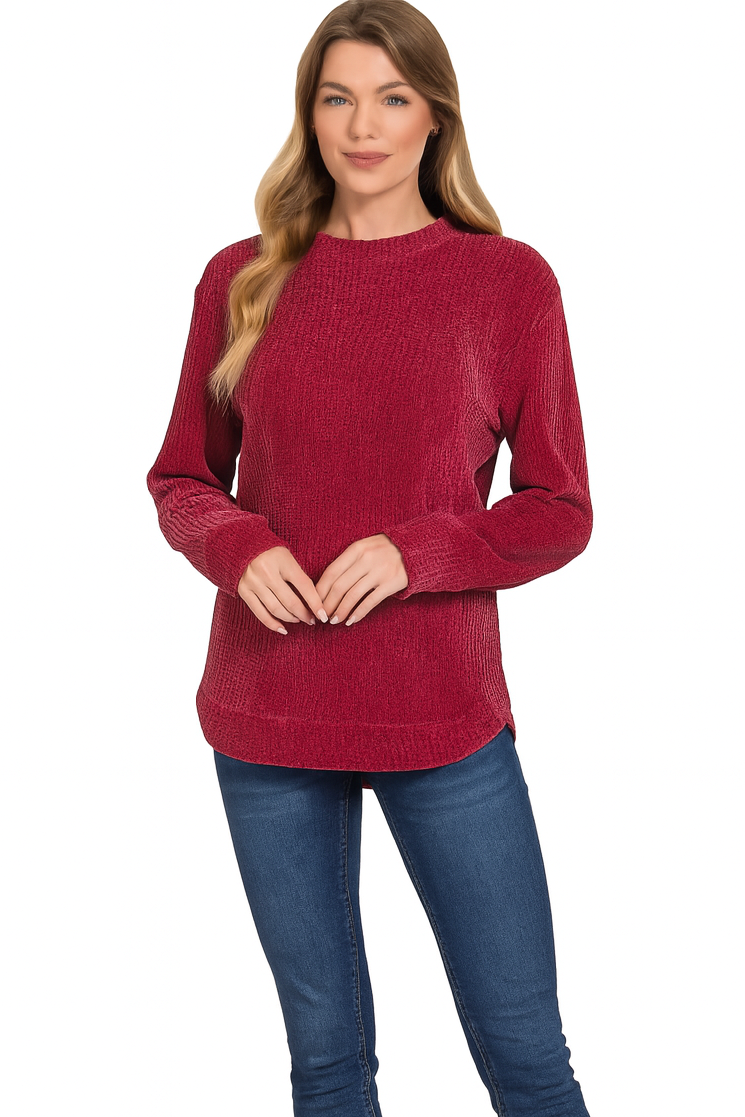 Curvy Chenille Waffle Round Neck Sweater