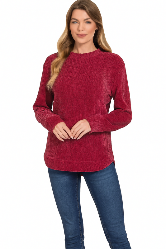 Curvy Chenille Waffle Round Neck Sweater