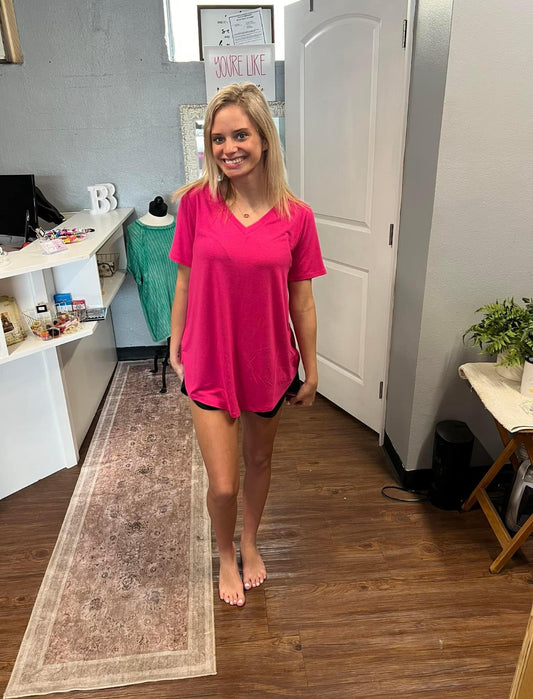 Fushia Short Sleeve V-Neck Round Hem Top
