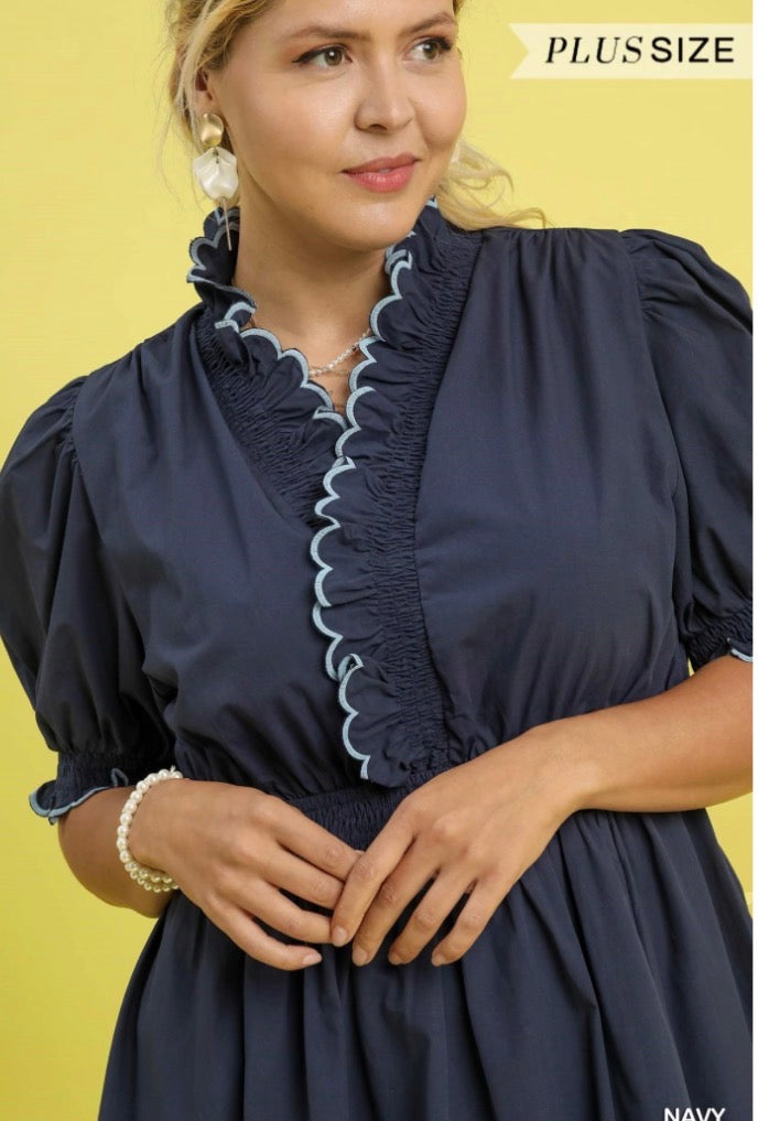 Navy Darling Scalloped Curvy Mini Dress