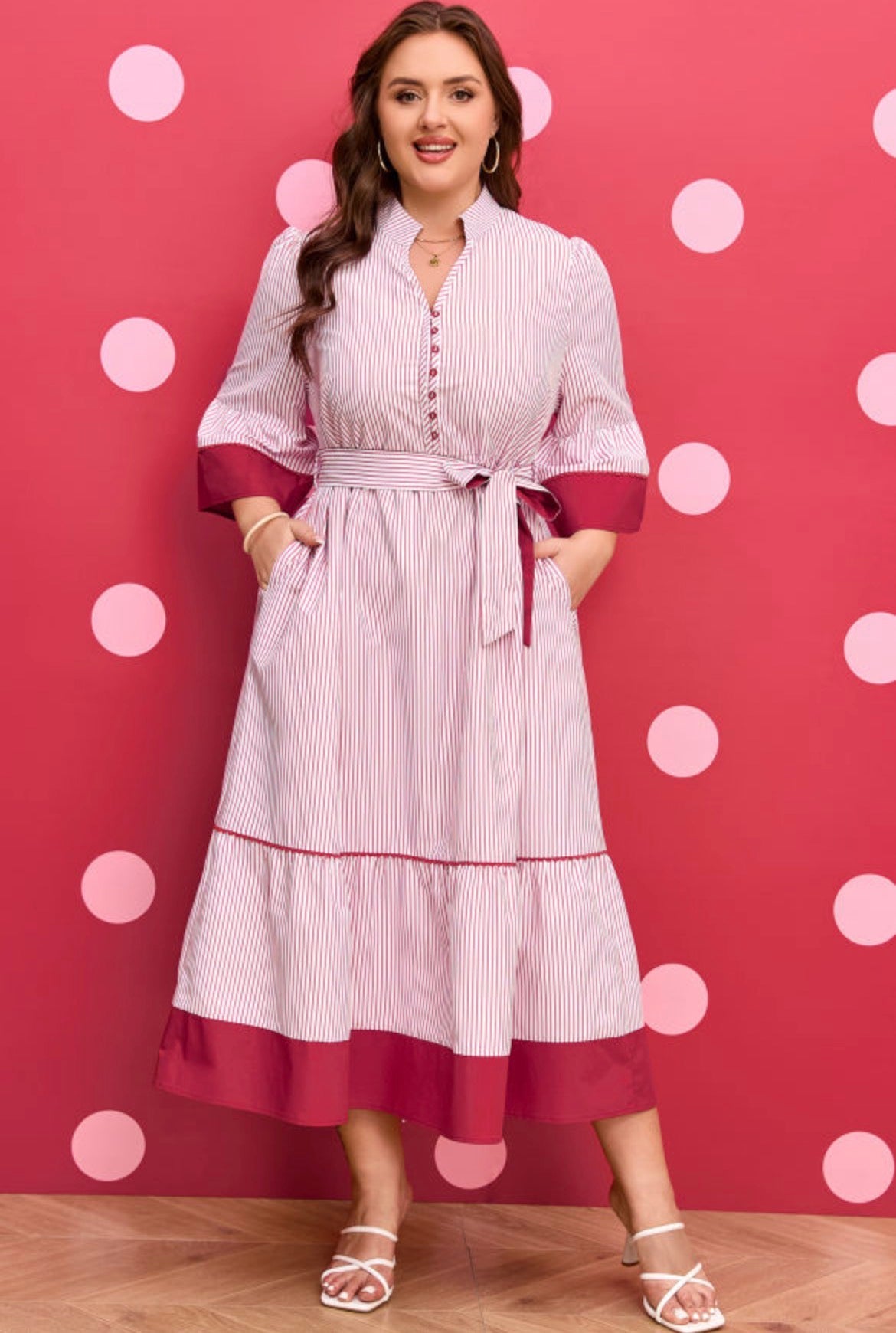 Red Stripe Ruffle Hem Midi Curvy