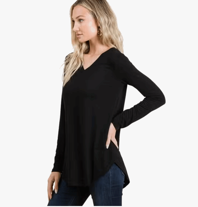 Black Long Sleeve V-Neck Round Hem Top