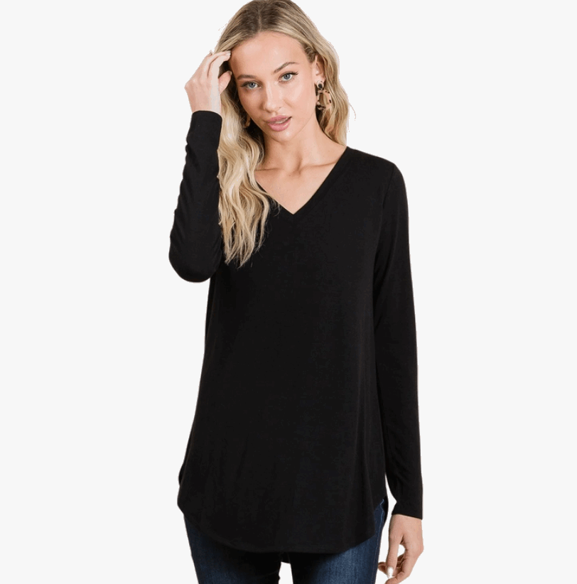 Black Long Sleeve V-Neck Round Hem Top